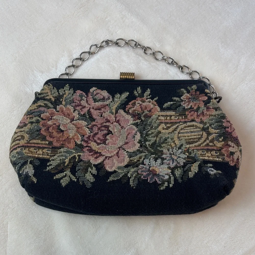 Vintage Needlepoint Floral Tapestry Evening Bag - Black and Pink w/gold hardware